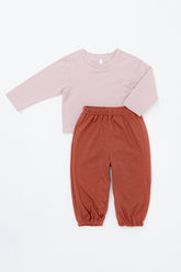 Avauma baby girl jogger set in Rosy Cocoa – dusty pink top and cocoa-colored pants